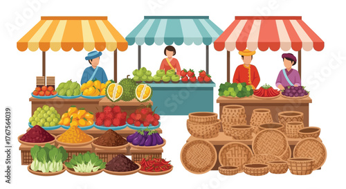 Colorful market stalls brimming with fresh produce and friendly vendors