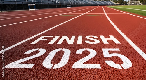 The finish line on a running track with the year 2025 painted on it represents a goal or deadline