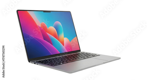 Laptop computer with colorful wallpaper on screen isolated PNG with Transparent Background