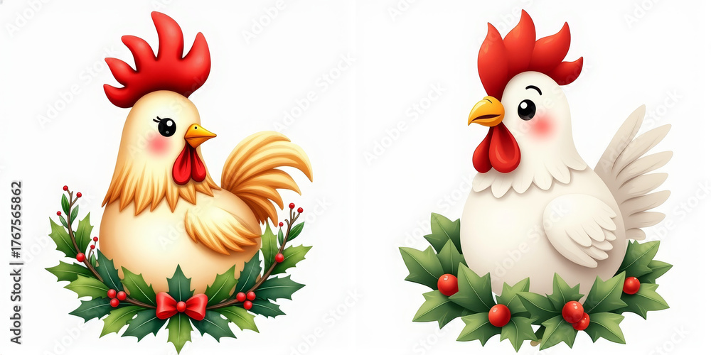 Fototapeta premium White rooster with bright red comb and Christmas wreath around neck, watercolor illustration on white background, classic festive look