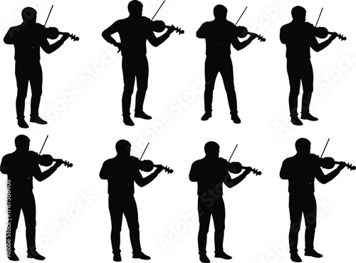 Silhouette of male violinist playing musical instrument in different poses, black vector illustration isolated on white background for artistic design.