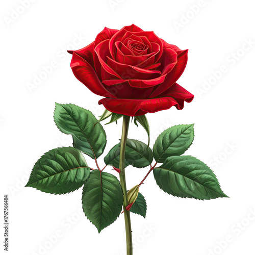 A detailed close-up of a vibrant, crimson rose, with green leaves and a dark backdrop
