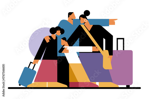 Illustration of a family of four members preparing for a trip