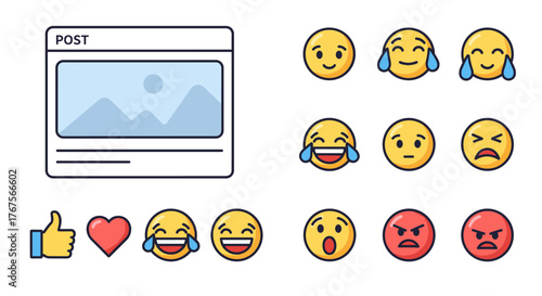 Collection of social media icons and emojis, including a post template, thumbs up, heart, laughing faces, surprised face, neutral face, angry faces, and crying faces, all on a black background