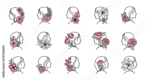 Collection of elegant silhouette profiles of women adorned with delicate pink roses and floral arrangements, symbolizing beauty, femininity, and nature's grace, perfect for fashion and lifestyle