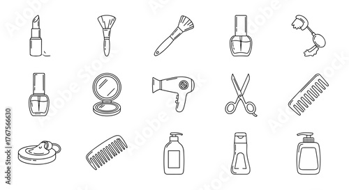 A collection of 15 minimalist white line art icons representing beauty and personal care items, including lipstick, makeup brushes, nail polish, a compact mirror, a hairdryer, scissors, combs, soap