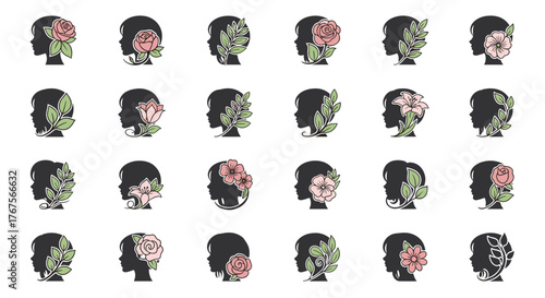 Collection of 24 elegant black silhouette profile icons of women adorned with delicate pink and white flowers and green leaves, symbolizing beauty, nature, and femininity, perfect for graphic design