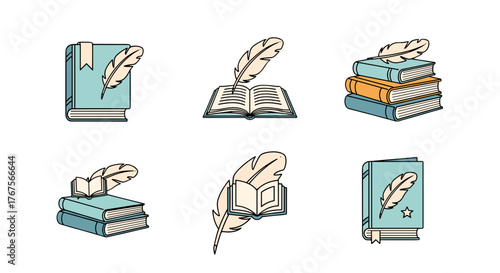 Collection of six flat design icons representing books and writing instruments, featuring open and closed books adorned with quill pens and bookmarks, symbolizing literature, education, and
