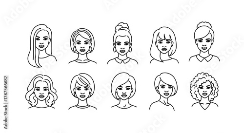 A captivating collection of diverse human faces, rendered in a minimalist line art style, showcasing a spectrum of emotions and expressions, perfect for graphic design, avatars, and conceptual