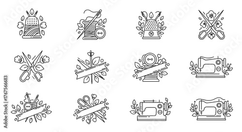 Collection of twelve white line art icons on a black background, featuring sewing and tailoring elements like sewing machines, scissors, thimbles, thread spools, needles, and buttons, often adorned