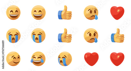 A vibrant collection of 3D rendered emojis and icons, featuring happy faces, crying faces, thumbs up gestures, and red hearts, set against a stark black background, perfect for digital communication