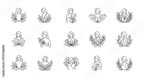 Set of 15 minimalist line art icons featuring female silhouettes adorned with botanical elements like leaves, flowers, and lotus blossoms, symbolizing nature, beauty, and femininity, perfect for