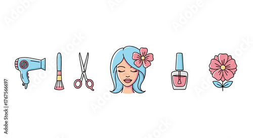 A collection of flat design icons representing beauty and personal care services, including a hairdryer, makeup brush, scissors, a woman's head with blue hair and a flower, nail polish, and a pink