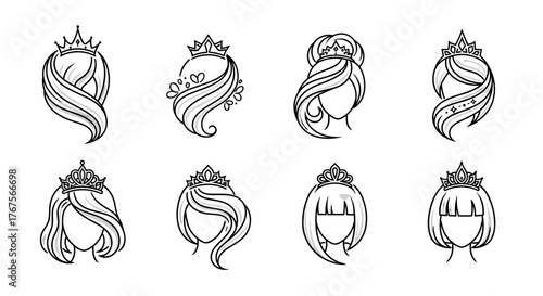 Collection of eight stylized vector illustrations of female hairstyles adorned with crowns, presented in a clean, graphic white outline on a black background, suitable for beauty, fashion, and