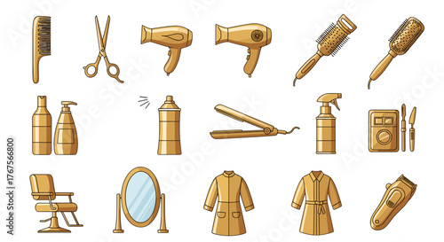 Golden Collection of Hair Salon and Barber Shop Equipment and Tools, Including Hairdryers, Scissors, Combs, Brushes, Straighteners, Sprays, Chairs, Mirrors, Robes, and Clippers, Presented on a Black