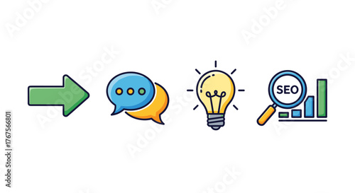 Conceptual infographic illustrating the process of business growth and development, featuring icons for communication, ideas, and data analysis with SEO optimization, presented on a black background.