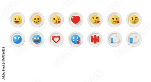 Collection of 3D rendered social media reaction icons, including various emojis like winking face, smiling face with hearts, kissing face, and a red heart, alongside a thumbs-up icon and other