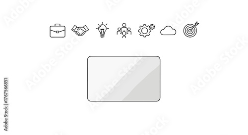 Conceptual business icons representing strategy, teamwork, innovation, and success are arranged above a blank, modern tablet device, symbolizing digital transformation and future planning in a