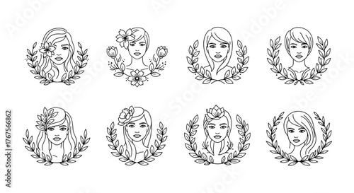 Set of eight elegant line art illustrations of women's faces framed by laurel wreaths, featuring diverse hairstyles and floral embellishments, perfect for beauty, fashion, and empowerment themes