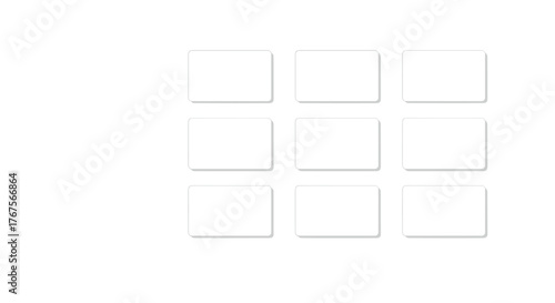 Nine empty white rectangular frames arranged in a 3x3 grid on a black background, symbolizing a collage, gallery, or template for content creation, showcasing a clean and modern design for digital or