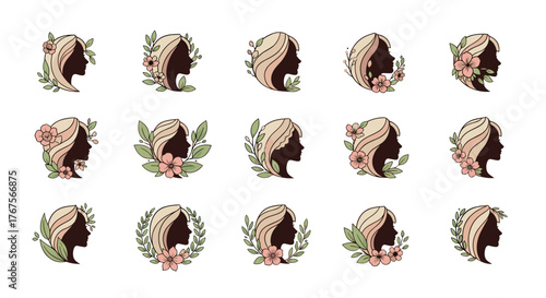 Collection of 15 elegant female profile silhouettes adorned with delicate flowers and lush green leaves, showcasing diverse hairstyles and floral arrangements in a harmonious color palette, perfect
