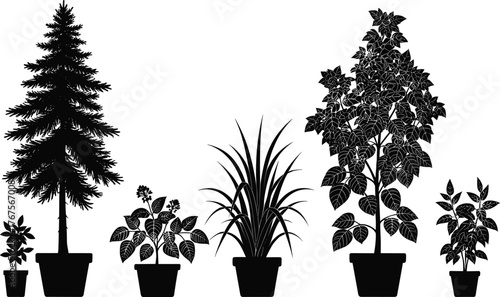 Silhouette of Seven Potted Plants in Row Layout Showing Leaf Variety, Botanical Shapes, Minimalist Design, and Nature-Inspired Vector Illustration Use