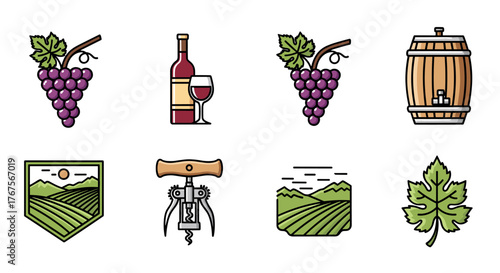 A vibrant collection of flat design icons representing the wine industry, featuring bunches of grapes, a wine bottle and glass, a wooden barrel, a corkscrew, vineyard landscapes, and a grape leaf