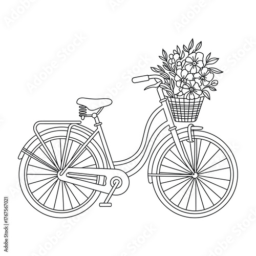 Vintage bicycle with a basket full of flowers on a white background