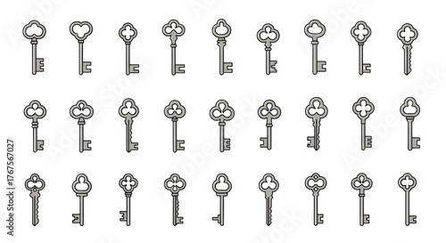 Collection of vintage skeleton keys in a flat design style, featuring ornate bows and detailed bits, presented on a black background with a subtle gradient effect, perfect for security, access, or