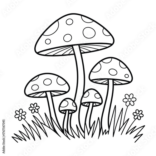 Whimsical illustration of a cluster of spotted mushrooms and small flowers