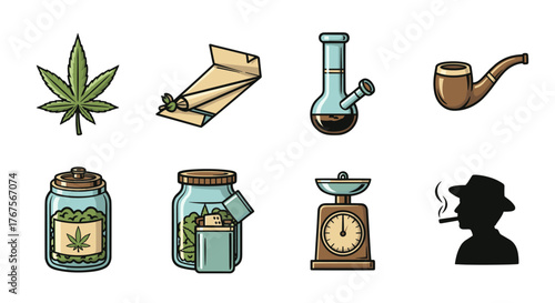 Collection of stylized icons representing cannabis culture and paraphernalia, including a marijuana leaf, rolling papers with a joint, a glass bong, a smoking pipe, jars filled with cannabis, a