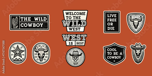 Collection of wild west themed badges and emblems featuring cowboy hats skulls bulls and desert cacti