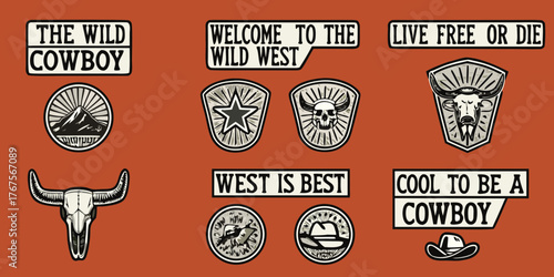 Collection of wild west cowboy themed graphics and sayings with skull and bull imagery