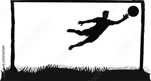 Silhouette of soccer goalkeeper diving to save ball in goalpost with grass field background, sports action vector illustration