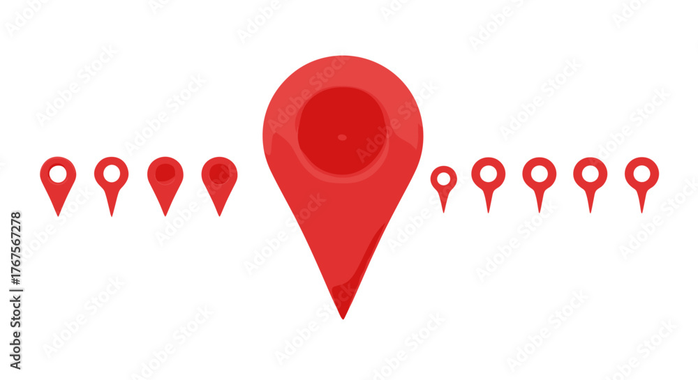 Fototapeta premium A striking 3D render showcases a collection of vibrant red map pins arranged against a stark black background, with one large central pin dominating the composition and smaller pins fanning out on