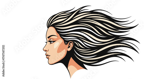 Dynamic Profile Portrait of a Woman with Flowing Black and Blonde Hair Against a Stark Black Background, Evoking a Sense of Movement and Elegance, Ideal for Beauty and Fashion Concepts
