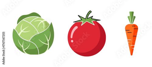 A collection of three cartoon vegetable icons, a green cabbage, a red tomato, and an orange carrot, isolated on a white background.