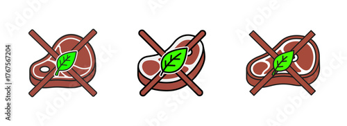 Three icons depicting a steak with a leaf and crossed-out bars, symbolizing a vegetarian or vegan option.