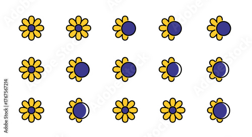 A vibrant and whimsical collection of stylized yellow daisy-like flowers with blue centers, presented against a stark black background, showcasing various stages of petal completeness and rotation