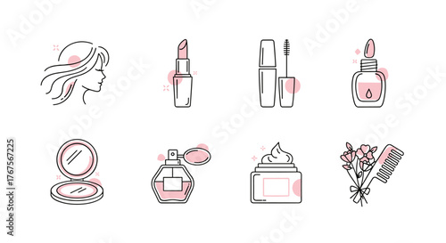 Set of elegant line art icons representing beauty and cosmetic products, including a woman's profile, lipstick, mascara, nail polish, compact mirror, perfume bottle, cream jar, and a hairbrush with