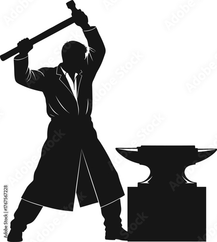Silhouette of strong blacksmith hammering metal on anvil, industrial craftsman working in forge workshop, vintage labor vector illustration design