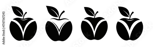Four black and white apple logos with a leaf on top, each with a V-shaped design in the center.