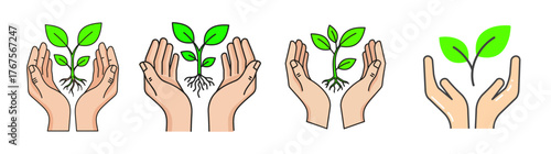 A sequence of hands nurturing a growing plant from seedling to sprout, symbolizing care and environmental growth.