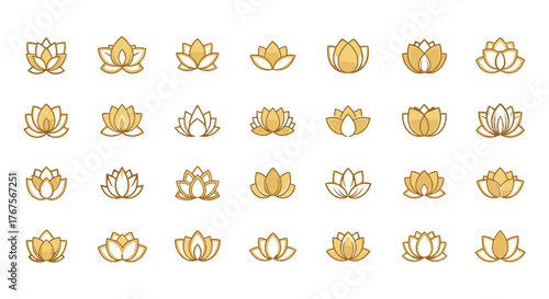 Collection of 30 golden lotus flower icons and symbols on a black background, representing purity, enlightenment, and rebirth. These elegant floral designs are perfect for spa, yoga, wellness, and
