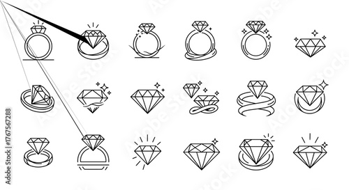 Collection of 20 unique diamond ring and gemstone icons, presented in a clean, white line art style on a black background, perfect for jewelry, luxury, and fashion design projects.