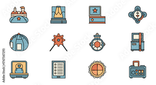 A collection of twelve flat design icons representing scientific and technological concepts, including laboratory equipment, computers, gears, and measurement tools, rendered in a vibrant, modern