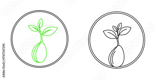 Two circular icons depicting a sprouting seed with leaves, one in green and the other in black outline.