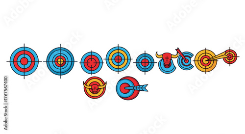 Collection of colorful archery targets and bullseye icons, including bull heads and arrows, representing precision, accuracy, and sportsmanship in a vibrant, flat design style with a black background.