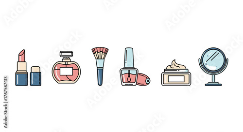 A collection of flat design icons representing essential beauty and cosmetic products, including lipstick, perfume bottle, makeup brush, nail polish, face cream, and a vanity mirror, all set against