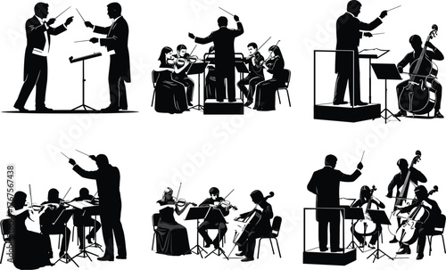 Silhouette orchestra conductor leading classical musicians with string instruments in concert performance, elegant black and white vector illustration set